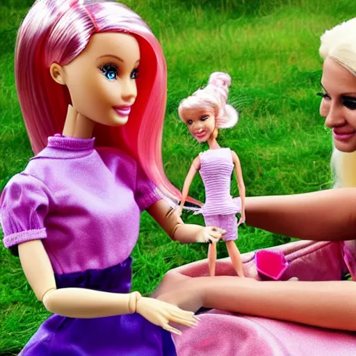 Image similar to a barbie plays with her human doll