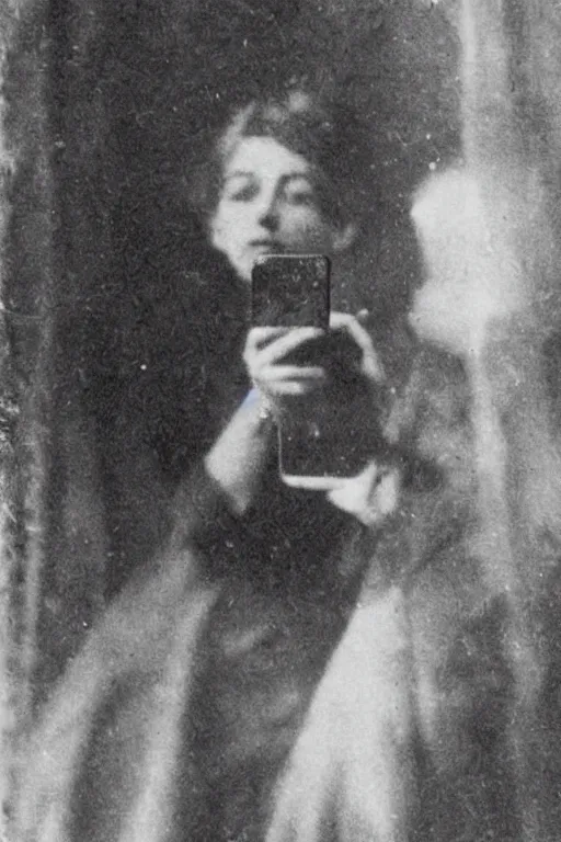 Image similar to 1 9 0 0 s photo of a person taking a selfie with an iphone photo grain double scratches dust exposure masterpiece