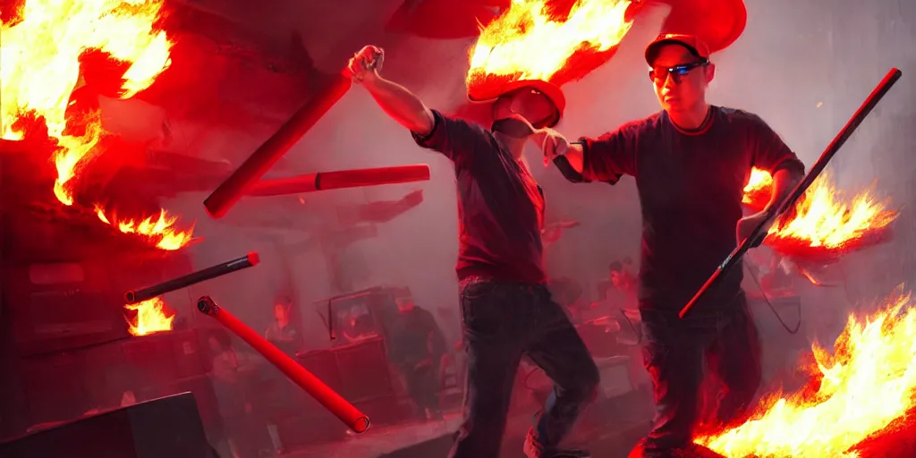 Prompt: character art by ruan jia, young jet li wearing wayfarer glasses and red baseball hat at a music concert, on fire, fire powers, room filled with computer equipment, computer monitors, network cables