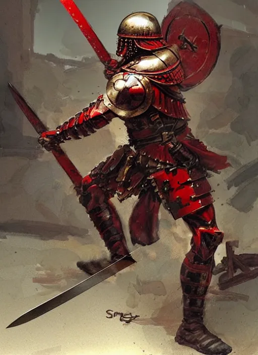 Prompt: muscular roman soldier with sword by simon bisley and greg rutkowski, full body red plate armor! dynamic battle pose, vivid color scheme