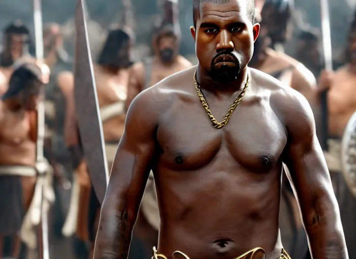 Prompt: film still of kanye west as leonidas in 3 0 0 movie, 8 k