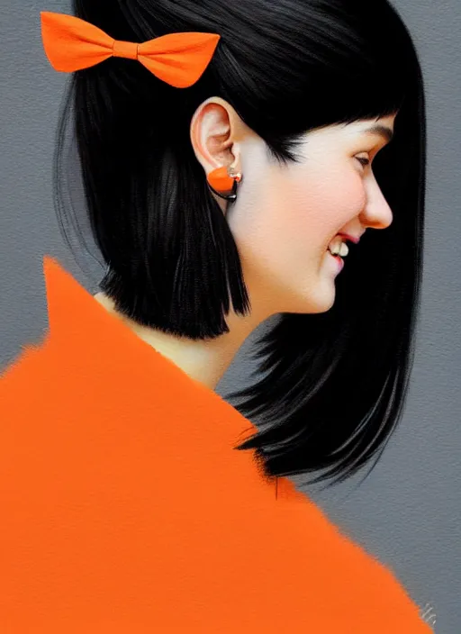 Image similar to portrait of high school girl, realistic, black hair, bangs, half updo hairstyle, pointy nose, skinny, smile, ugly, defined jawline, big chin, orange hair bow, earrings, intricate, elegant, glowing lights, highly detailed, digital painting, artstation, sharp focus, illustration, art by wlop, mars ravelo and greg rutkowski