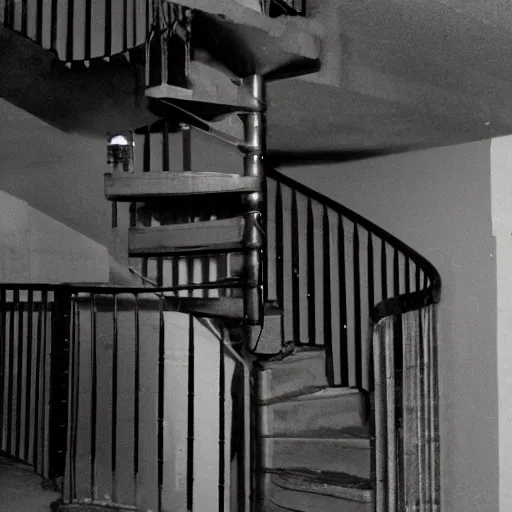 Image similar to found footage of spiral staircase in the basement of a mid - century home descending into darkness, hi - 8 camera, night vision
