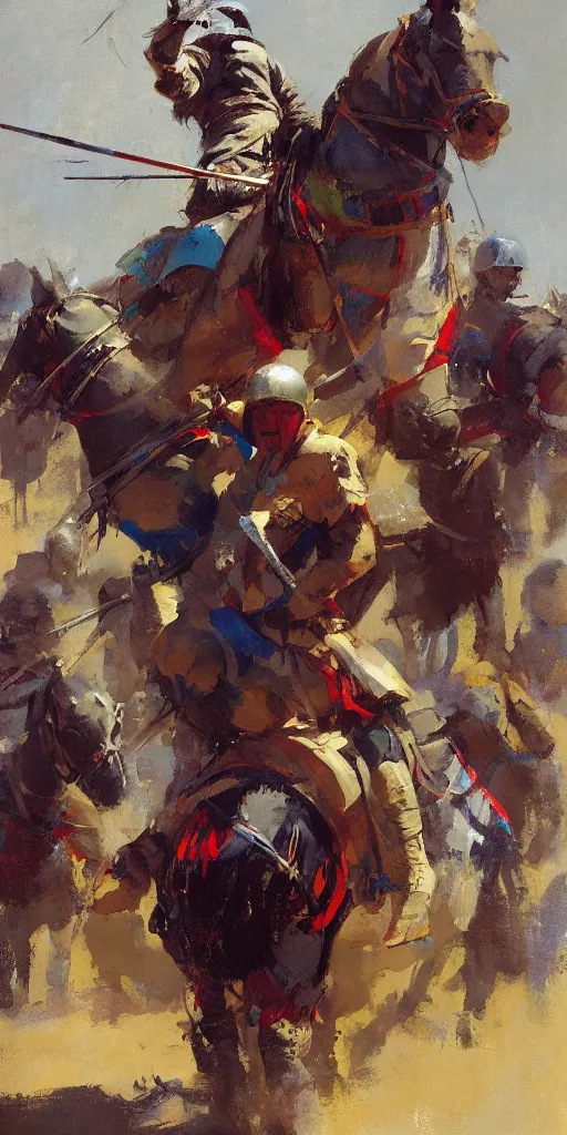 Image similar to portrait of colorful rider holding jousting lance, caparisons, chainmail, by greg manchess, bernie fuchs, ruan jia, walter everett