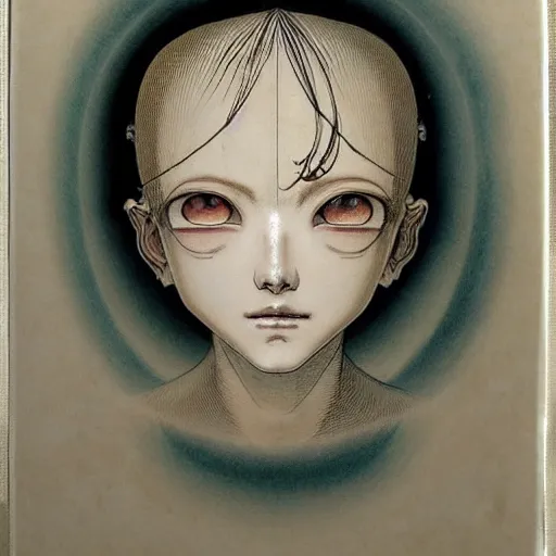 Image similar to prompt: Fragile looking vessel portrait face drawn by Katsuhiro Otomo, inspired by Carlo Dolci, magical and alchemical objects on the side, soft light, white background, intricate detail, intricate ink painting detail, sharp high detail, manga and anime 2000