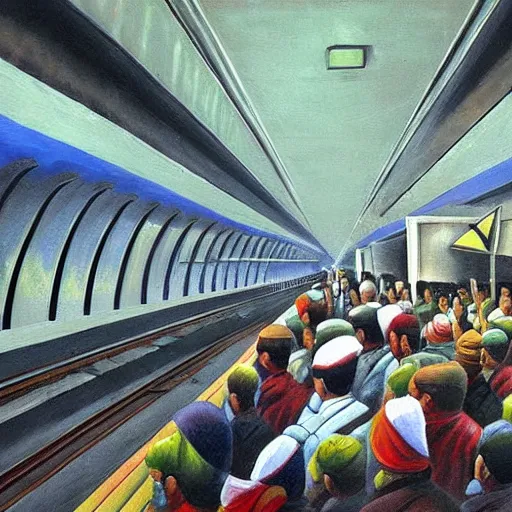 Prompt: political propaganda, socialist art, delhi metro, oil painting, global illumination