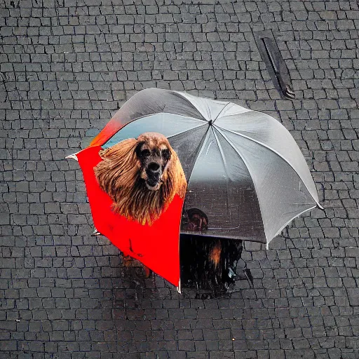 Prompt: dog underneath an umbrella in the rain, view from above stylised