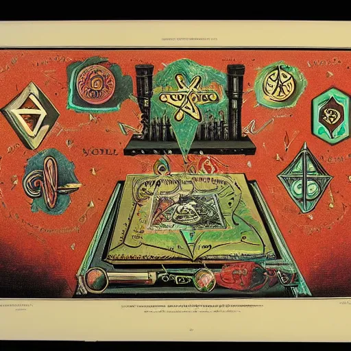 Prompt: < Occult Lithograph containing a connected diagram of colorful magical symbols, reagents, and alchemical devices