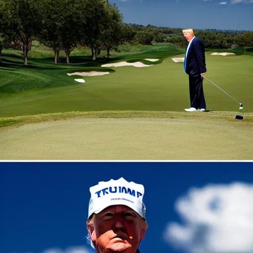 Prompt: donald trump working hard at the golf course