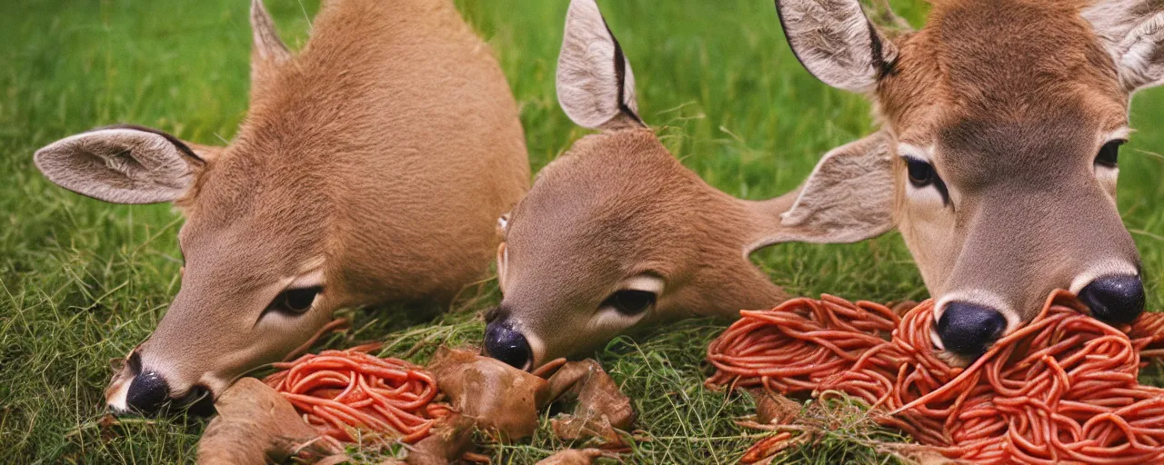 Image similar to deer eating spaghetti off a plant, in the style of national geographic, canon 5 0 mm, kodachrome, retro