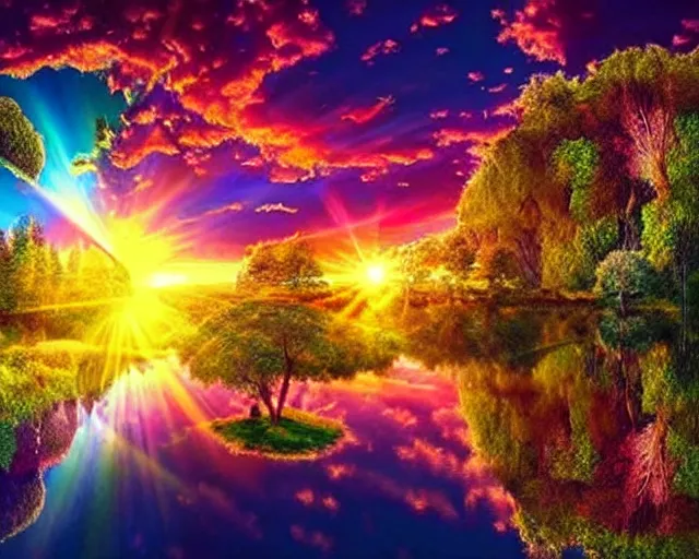 Prompt: psychedlic realistic 16k footage, serene beautiful landscape photography of the garden of eden. lake reflections in the foreground, fruit tree's and animals everywhere. sun rays shining through the trees. lens flare. sunset, dramatic lighting by Marc Adamus gyuri lohmuller Ivan Shishkin. lsd trip.