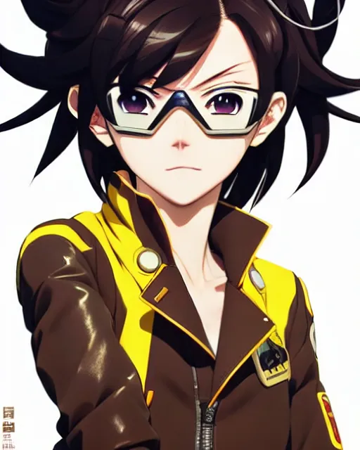 Image similar to Anime as Tracer Overwatch wearing brown leather-coat; wearing mask; wearing yellow tight fit pants || cute-fine-face, pretty face, realistic shaded Perfect face, fine details. Anime. realistic shaded lighting poster by Ilya Kuvshinov katsuhiro otomo ghost-in-the-shell, magali villeneuve, artgerm, Jeremy Lipkin and Michael Garmash and Rob Rey as Overwatch Tracer cute smile