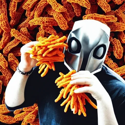 Image similar to “MF DOOM eating Cheetos, Fritos, and Doritos”