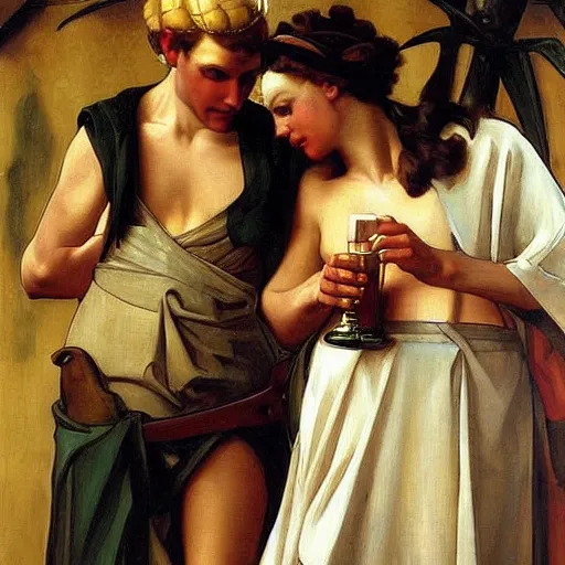 Prompt: biblical david and goliath are actually good friends and are having a pint together, by j. c. leyendecker, tamara de lempicka, bouguereau