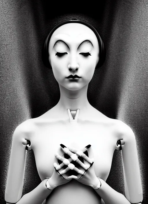 Image similar to surreal mythical dreamy dark artistic black and white fine art fashion portrait photo of a young beautiful delicate female robot - owl - nun praying, spiritual, halo, glory, rim light, cinematic, studio dramatic light, poetic, masterpiece, octane render, 8 k, photo - realistic by william bouguereau man ray