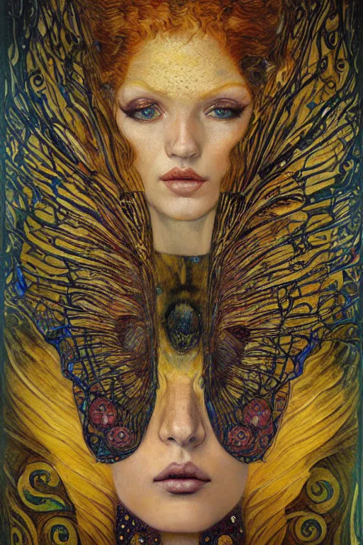 Prompt: Metamorphosis by Karol Bak, Jean Deville, Gustav Klimt, and Vincent Van Gogh, transformation portrait, chimera, visionary, cicada wings, otherworldly, fractal structures, ornate gilded medieval icon, third eye, chrysalis, spirals, horizontal symmetry