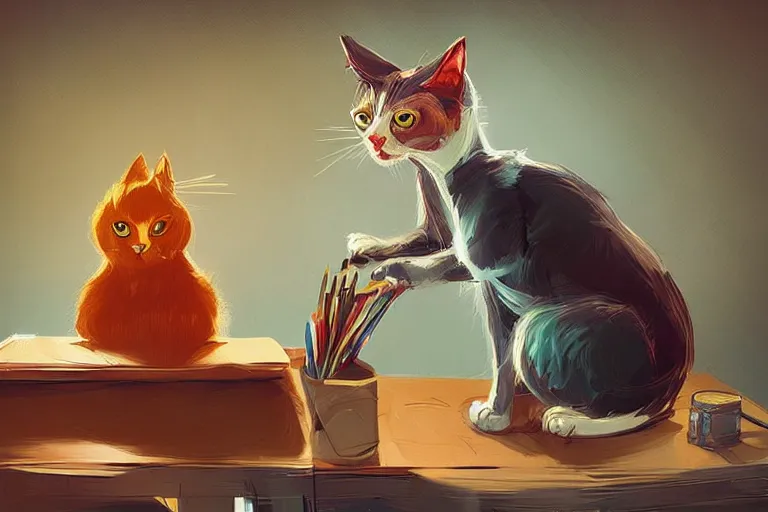 Image similar to a digital art of a godfather cat sitting by the desk, animal, light effect, highly detailed, by anton fadeev