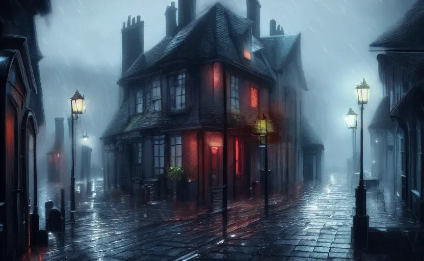 Prompt: extreme long shot concept art depicted rainy old england town, dramatic mood, cozy environment, inspired by legends of runeterra, trending on artstation, unreal engine