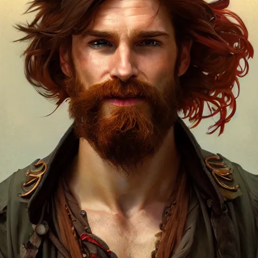 Image similar to portrait of a young ruggedly handsome but joyful pirate, male, masculine, upper body, red hair, long hair, d & d, fantasy, dirty smirk, intricate, elegant, highly detailed, digital painting, artstation, concept art, matte, sharp focus, illustration, art by artgerm and greg rutkowski and alphonse mucha