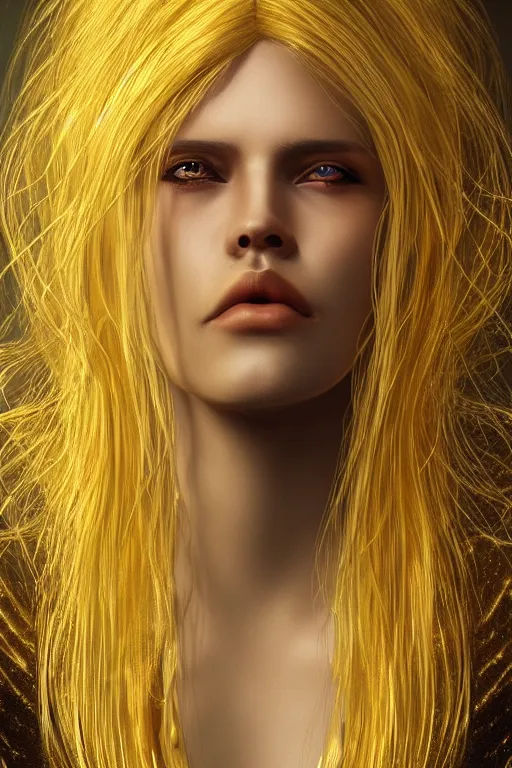 Image similar to Portrait of reistlin majere with long white hair, golden face, elegant, photorealistic, highly detailed, artstation, smooth, sharp focus, gold ornaments, neon lighting, sci-fi, art by Klimt