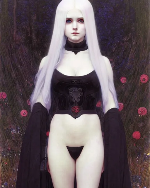 Image similar to portrait of beautiful cute young goth maiden girl with white hair in warhammer armor, art by ( ( ( kuvshinov ilya ) ) ) and wayne barlowe and gustav klimt and artgerm and wlop and william - adolphe bouguereau