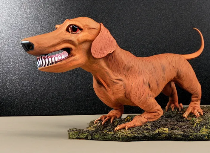 Image similar to Dachshund Tyrannosaurus Rex, natural history diorama by James Perry Wilson