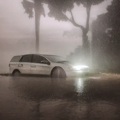 Image similar to a photo of heavy rain on a man sitting on a car in a sunken city, outdoor lighting, dynamic lighting, volumetric, wide angle, anamorphic lens, go pro, 4k