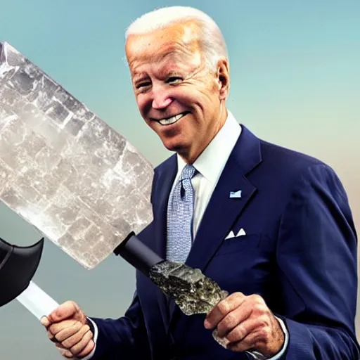 Image similar to UHD candid photo of Joe Biden holding up a big quartz crystal with Hunter Biden holding a torch, UHD, photorealistic, correct face, photo by Annie Leibowitz