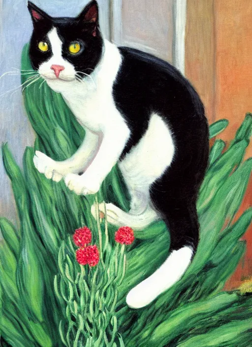 Image similar to tuxedo cat in chef costume chews on a wax plant, oil painting, by monet