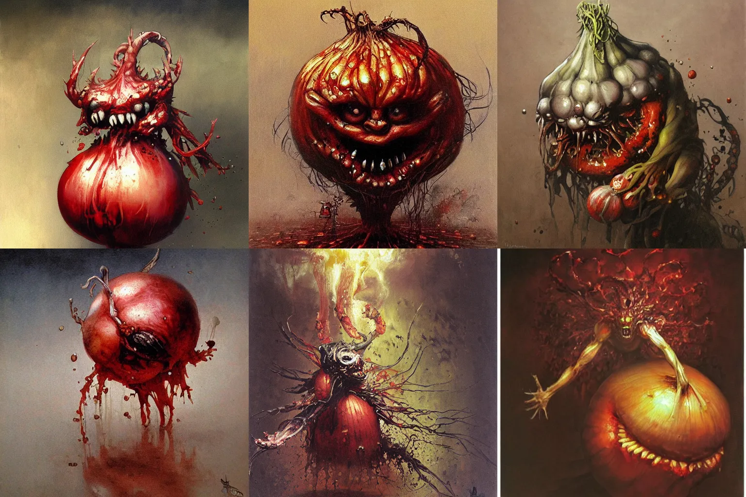 Prompt: onion demon by Yoshitaka Amano, oil painting on canvas, style of Jakub Rozalski