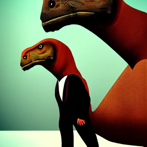 Image similar to dinosaur wearing a suit