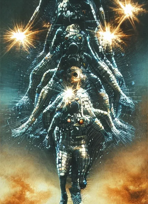 Image similar to astronauts divers in dark void underwater - complex and hyperdetailed technical suit design. reflection and dispersion materials. rays and dispersion of light. volumetric light. f / 3 2. noise film photo. flash photography. ultra realistic, 5 0 mm. poster by wayne barlowe, hajime sorayama aaron horkey, craig mullins