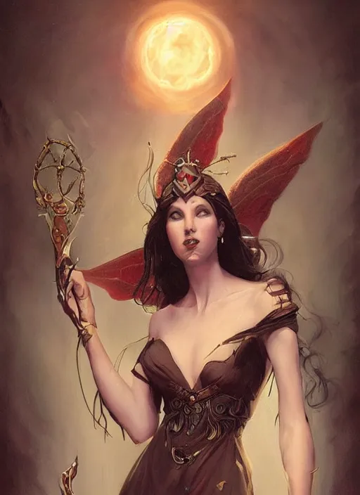 Image similar to tarot!!, fairy queen, fantasy medieval, no noise, elegant, concept art, sharp focus, beautiful face!!, digital art, smooth defined outlines!!, by Brom, trending on Artstation, Tom Bagshaw, Sargent