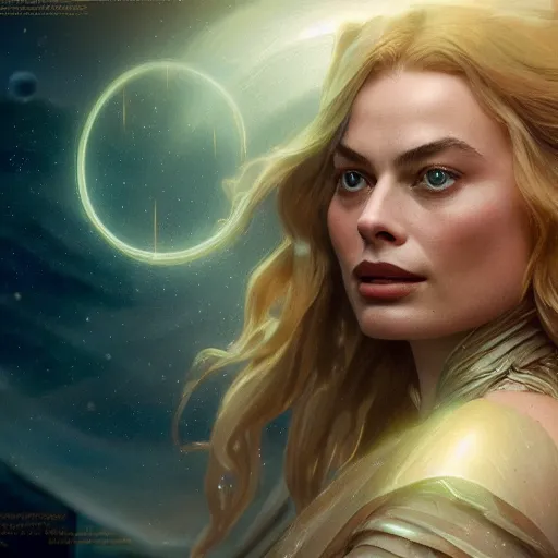 Image similar to margot robbie as galadriel by leonardo divinci, greg rutkowski, alphonse mucha, mystical cosmic lighting, octane render, artstation, rey tracing, golden ratio, rule of thirds, perfect composition