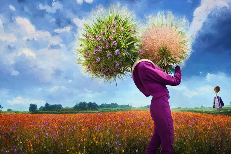 Prompt: massive thistle flower under head, a girl in a suit in field of flowers, surreal photography, sunrise, blue sky, dramatic light, impressionist painting, digital painting, artstation, simon stalenhag