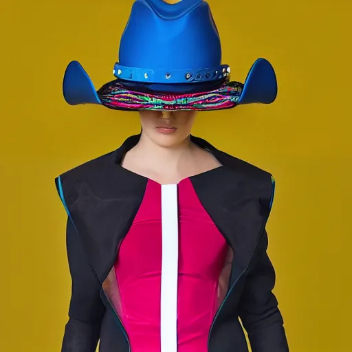 Image similar to [high tech cowboy hat in futuristic colours and fabrics, object design, couture]