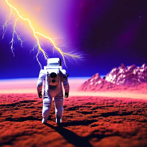 Image similar to astronaut finding a flower on an alien planet with mountains, water, strange clouds, hyper realistic, dramatic lightning, ray tracing, high resolution photo, cinematic 8 k