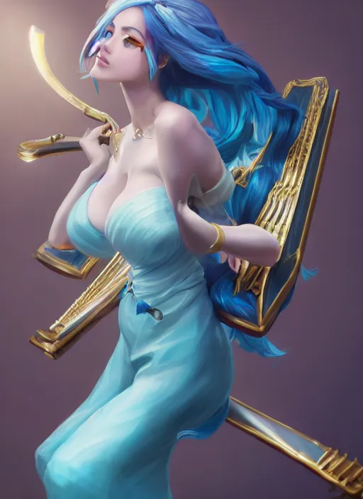 Image similar to sophisticated sona, from league of legends, with an harp, light blue hair, hyper detailed, digital art, trending in artstation, cinematic lighting, pawg, studio quality, smooth render, unreal engine 5 rendered, octane rendered, art style by klimt and nixeu and ian sprigger and wlop and krenz cushart