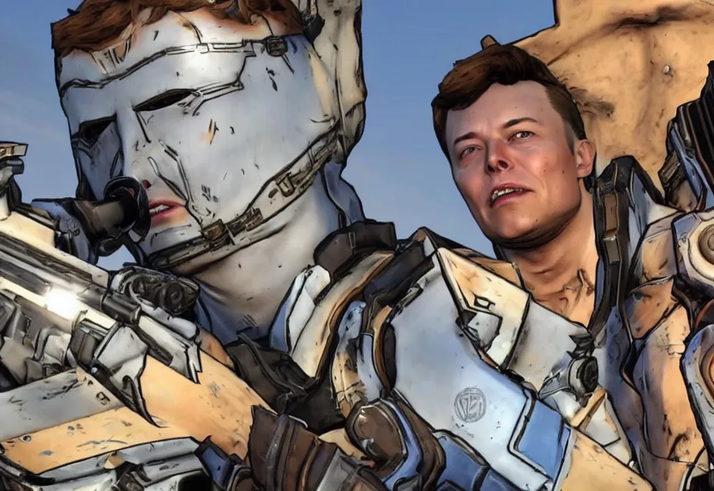 Prompt: elon musk in borderlands elon musk in the video game borderlands, gameplay screenshot, close up, 3 d rendering. unreal engine. amazing likeness. very detailed.