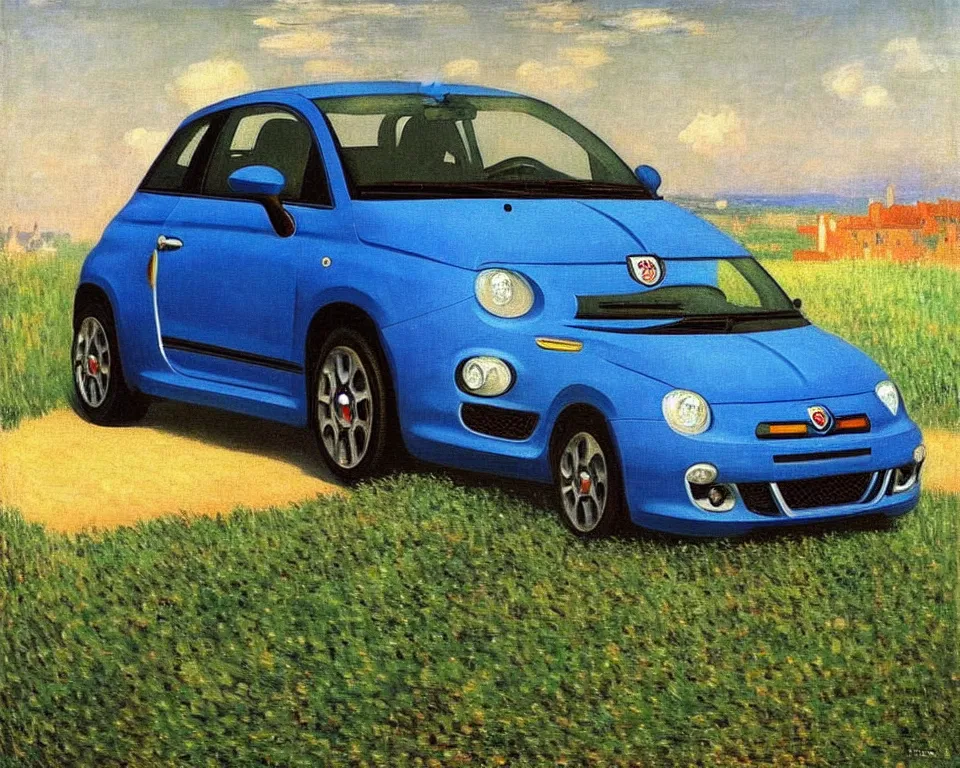 Image similar to achingly beautiful painting of a 2 0 1 3 fiat abarth by rene magritte, monet, and turner.