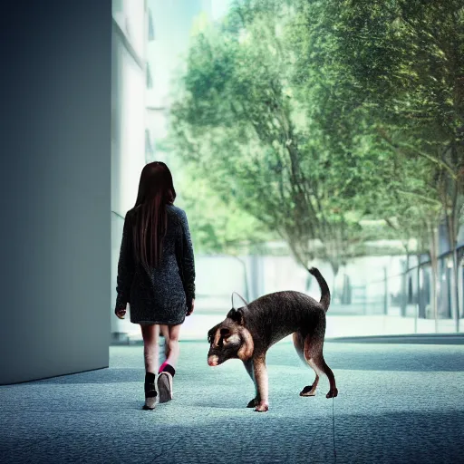 Prompt: Full lenght view contemporary art photography of ultra mega super hyper realistic highly detailed girl walking with a highly realistic dog . Photo on Leica Q2 Camera, Rendered in VRAY and DaVinci Resolve and MAXWELL and LUMION 3D, Volumetric natural light