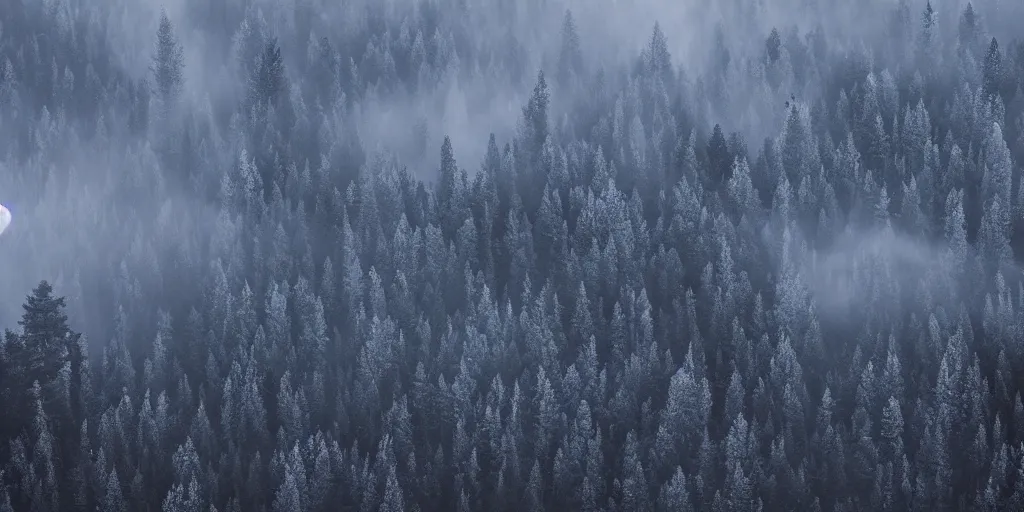 Prompt: moonlit night, forested mountains, cold light, dense forest, overhead view, fog