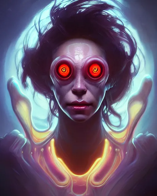 Prompt: one singular portrait of a creepy bioluminescent creature with glowing eyes, highly detailed, digital painting, cinematic, hyper realism, dark retrowave, art by stanley lau and artgerm and magali villeneuve and alphonse mucha, artstation, octane render, cgsociety