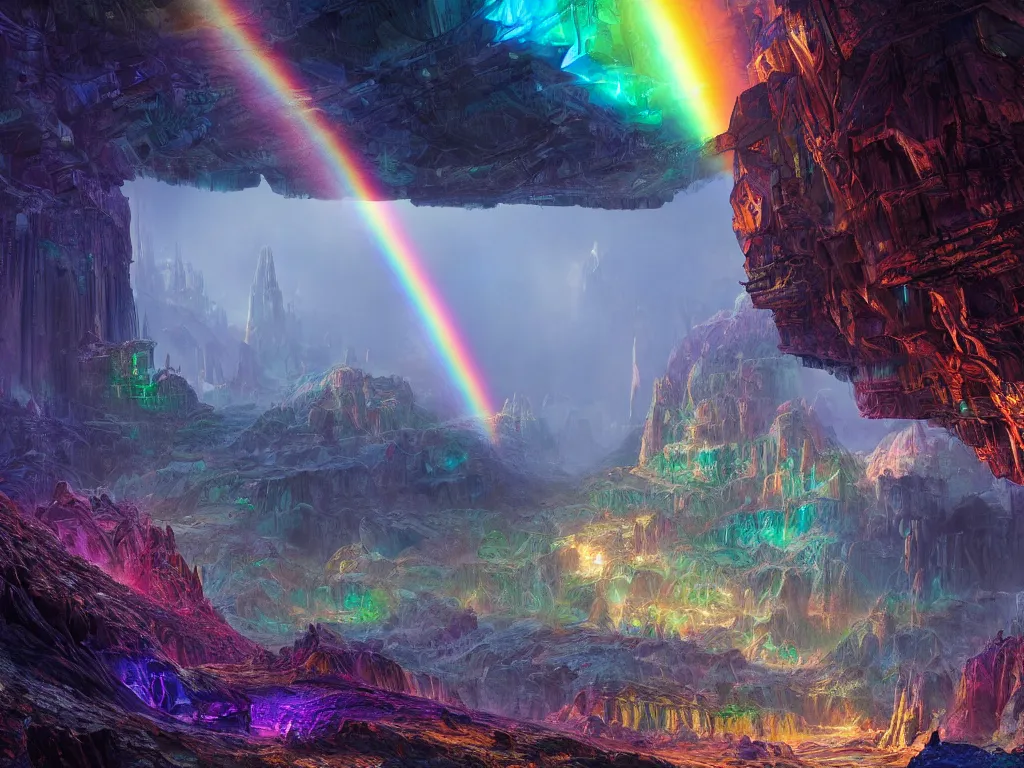 Image similar to giant crystal palace complex on an alien planet, rainbows, vivid color, highly detailed, intricate, by Raphael Lacoste, Eddie Mendoza, Alex Ross, Pilar Gogar, matte painting, 8K HDR