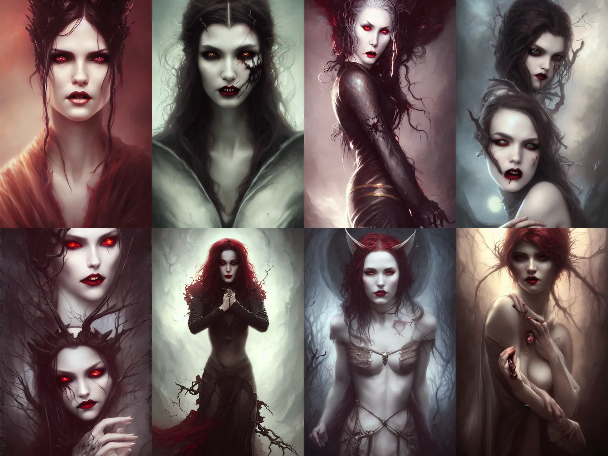 Prompt: a hauntingly beautiful vampire huntress, painted by artgerm and tom bagshaw, fantasy art, dramatic lighting, highly detailed oil painting