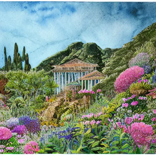 Image similar to delicate coastline mountain garden on paper, rock, bees, puffy, botanical herbarium, botanic watercolors, iridescent, 8 k wide angle, realistic shaded, fine details, artstation, italian, rainbow, colonnade, temple, oak tree, pinecone, pomegranade, vines, gardena architecture, pompeian, sicilian