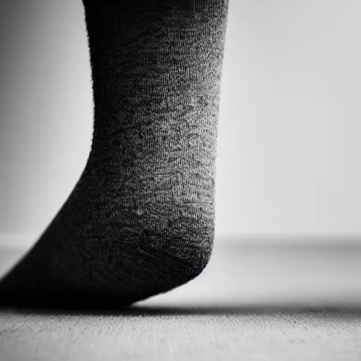 Prompt: commercial shot of the dusty sock you found behind your couch, dramatic beautiful lighting, 8k photgraphy, 50mm f1.8, macro