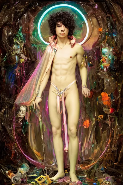 Prompt: full-body rococo and cyberpunk delicate neon crystalline sculpture of ((muscular slender albino prince Joe Jonas)) (((con la piroca dura))) as an iridescent humanoid deity wearing a thin see-through ((plastic hooded cloak)) sim roupa (holding a human skull), reclining con (((las piernas abiertas))), glowing pink face, crown of (white lasers), large diamonds, swirling black silk fabric. futuristic elements. oozing glowing liquid, full-length view. space robots. intricate artwork by caravaggio. Trending on artstation, octane render, cinematic lighting from the right, hyper realism, octane render, 8k, depth of field, 3D