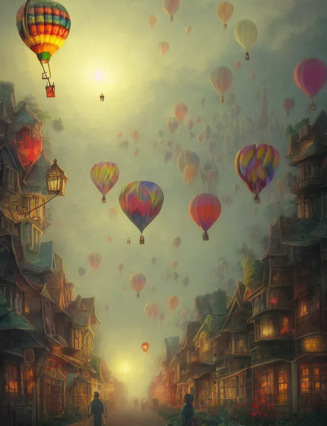 Prompt: balloon town on a misty morning. oil painting by award - winning mangaka. backlighting, chiaroscuro, intricate details, depth of field, luminescent colors.