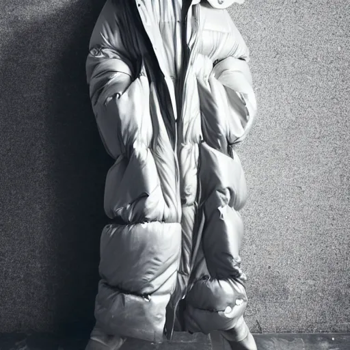 Image similar to well lit fashion shoot portrait of extremely beautiful gal godot marble statue wearing huge over size puffer jacket by dingyun zhang, yeezy, balenciaga, vetements, a cold wall, sharp focus, clear, detailed,, cinematic, detailed, off white, glamourous, symmetrical, vogue, editorial, fashion, magazine shoot, glossy